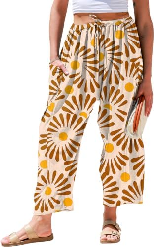 Womens Linen Wide Leg Pants Casual Loose Drawstring Palazzo Pants