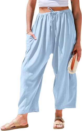 Womens Linen Wide Leg Pants Casual Palazzo Harem Pants with Pockets