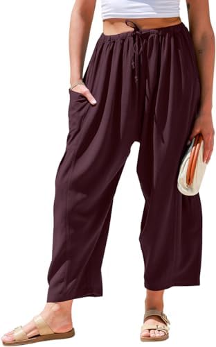 Womens Linen Wide Leg Pants Casual Palazzo Harem Pants with Pockets