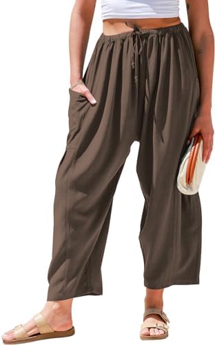 Womens Linen Wide Leg Pants Casual Palazzo Harem Pants with Pockets