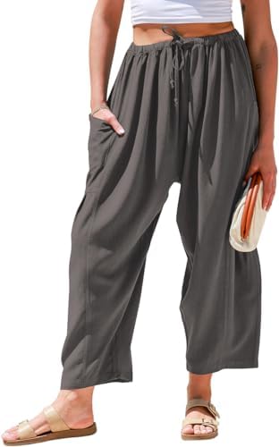 Womens Linen Wide Leg Pants Casual Palazzo Harem Pants with Pockets