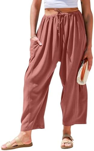 Womens Linen Wide Leg Pants Casual Palazzo Harem Pants with Pockets