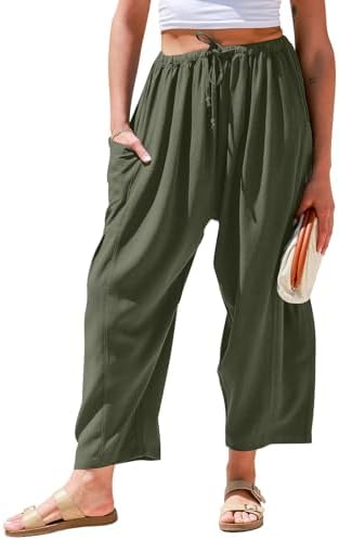 Womens Linen Wide Leg Pants Casual Palazzo Harem Pants with Pockets