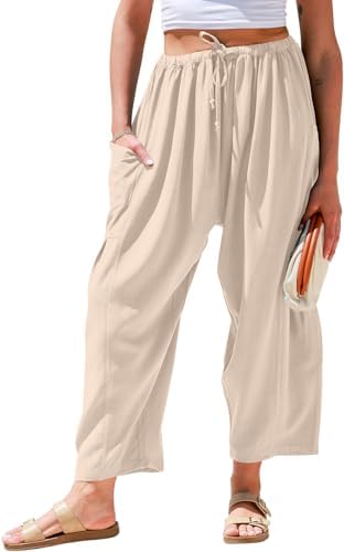 Womens Linen Wide Leg Pants Casual Palazzo Harem Pants with Pockets