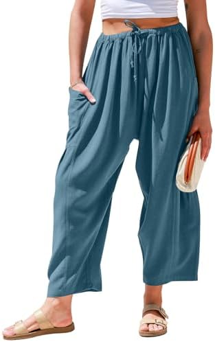Womens Linen Wide Leg Pants Casual Palazzo Harem Pants with Pockets