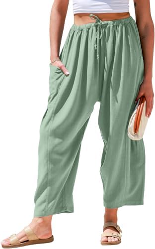 Womens Linen Wide Leg Pants Casual Palazzo Harem Pants with Pockets