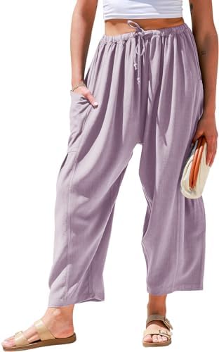 Womens Linen Wide Leg Pants Casual Palazzo Harem Pants with Pockets