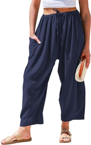 Womens Linen Wide Leg Pants Casual Palazzo Harem Pants with Pockets
