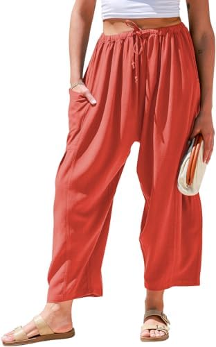 Womens Linen Wide Leg Pants Casual Palazzo Harem Pants with Pockets