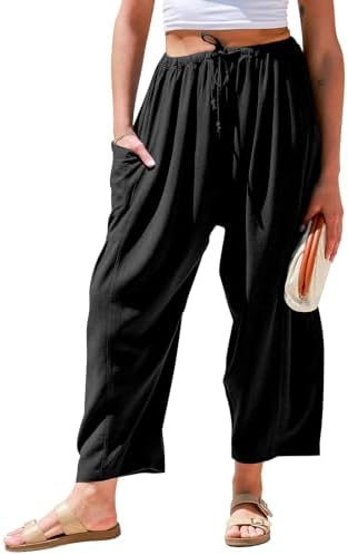 Womens Linen Wide Leg Pants Casual Palazzo Harem Pants with Pockets