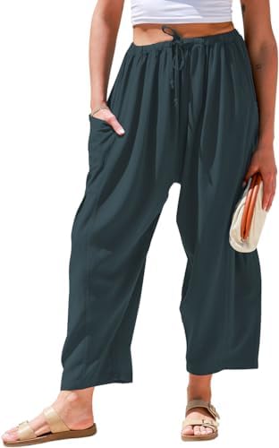 Womens Linen Wide Leg Pants Casual Palazzo Harem Pants with Pockets