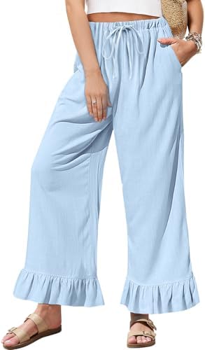 Women's Linen Wide Leg Pants Drawstring Ruffle Hem Trousers Aqua Blue