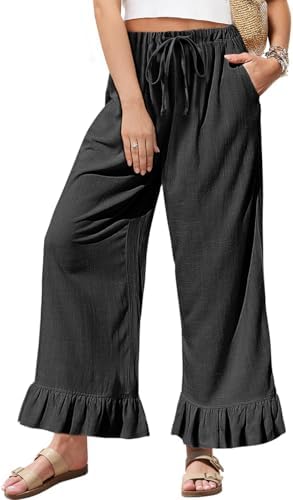 Women's Linen Wide Leg Pants Drawstring Ruffle Hem Trousers Black