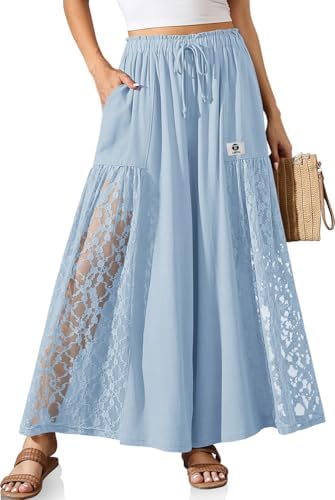 Women Linen Wide Leg Pants Lace Patchwork Boho Loose Elastic Waist