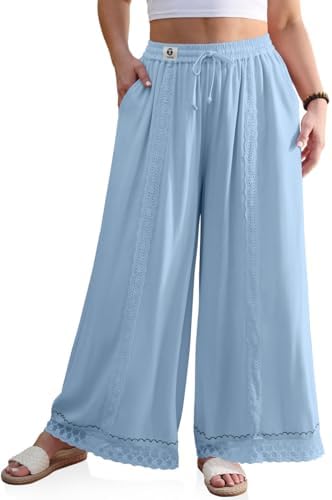 Womens Linen Wide Leg Pants Loose Boho Lounge Beach Vacation Flowy Lace