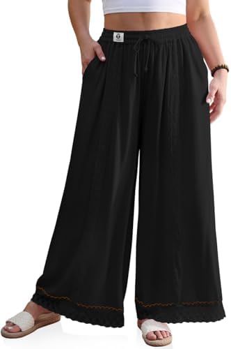 Womens Linen Wide Leg Pants Loose Boho Lounge Beach Vacation Flowy Lace