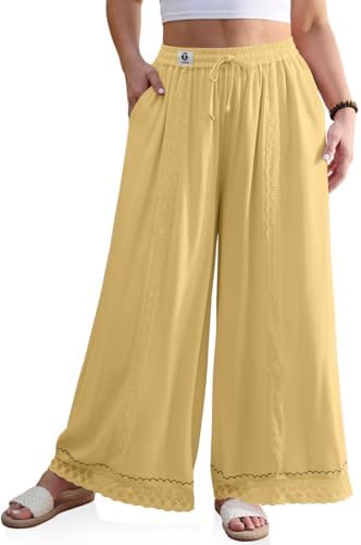 Womens Linen Wide Leg Pants Loose Boho Lounge Beach Vacation Flowy Lace
