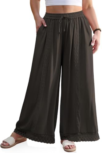 Womens Linen Wide Leg Pants Loose Boho Lounge Beach Vacation Flowy Lace