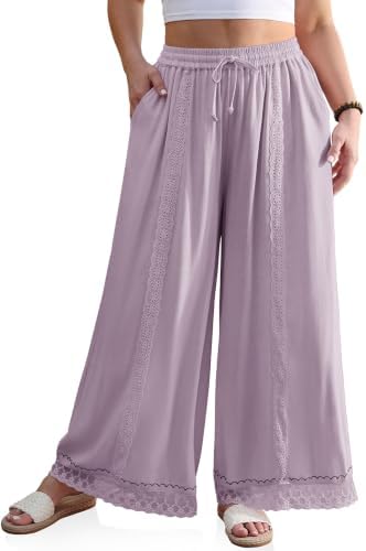 Womens Linen Wide Leg Pants Loose Boho Lounge Beach Vacation Flowy Lace