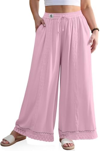 Womens Linen Wide Leg Pants Loose Boho Lounge Beach Vacation Flowy Lace