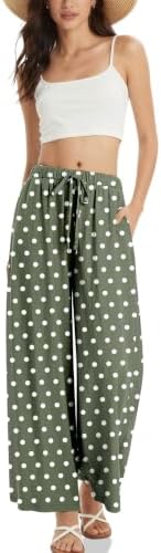 Women's Linen Wide Leg Pants Polka dots Print Drawstring Waist