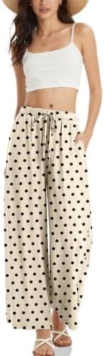 Women's Linen Wide Leg Pants Polka dots Print Drawstring Waist