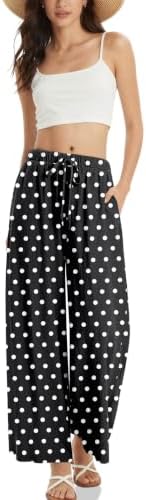 Women's Linen Wide Leg Pants Polka dots Print Drawstring Waist