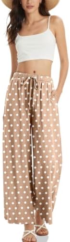 Women's Linen Wide Leg Pants Polka dots Print Drawstring Waist