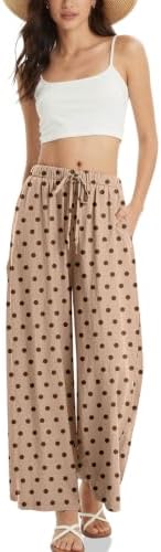 Women's Linen Wide Leg Pants Polka dots Print Drawstring Waist