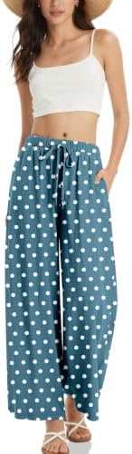 Women's Linen Wide Leg Pants Polka dots Print Drawstring Waist
