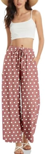 Women's Linen Wide Leg Pants Polka dots Print Drawstring Waist
