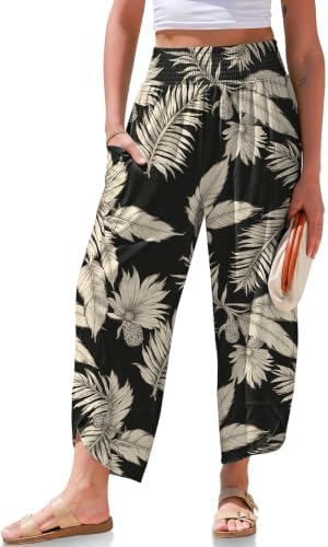Womens Linen Wide Leg Pants Printed Palazzo Harem Trousers Pockets