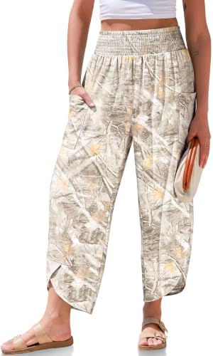 Womens Linen Wide Leg Pants Printed Palazzo Harem Trousers Pockets