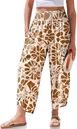 Womens Linen Wide Leg Pants Printed Palazzo Harem Trousers Pockets