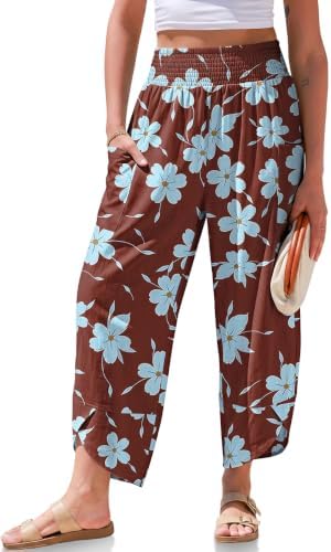 Womens Linen Wide Leg Pants Printed Palazzo Harem Trousers Pockets