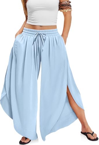Women's Linen Wide Leg Pants Side Slit Hem Palazzo Cropped Aqua Blue