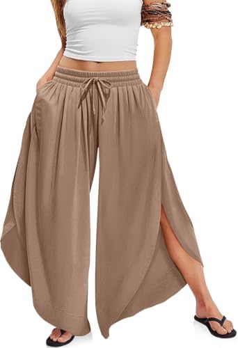 Women's Linen Wide Leg Pants Side Slit Hem Palazzo Cropped Coffee