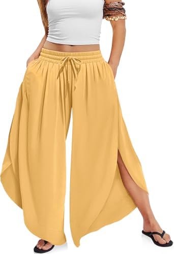 Women's Linen Wide Leg Pants Side Slit Hem Palazzo Cropped
