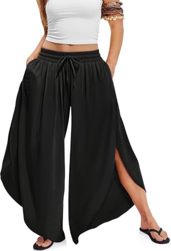 Women's Linen Wide Leg Pants Side Slit Hem Palazzo Cropped Black