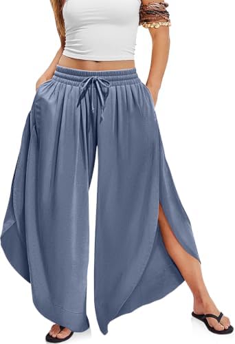 Women's Linen Wide Leg Pants Side Slit Hem Palazzo Cropped