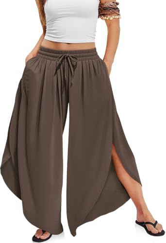 Women's Linen Wide Leg Pants Side Slit Hem Palazzo Cropped