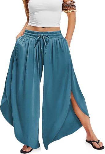 Women's Linen Wide Leg Pants Side Slit Hem Palazzo Cropped Lake Blue