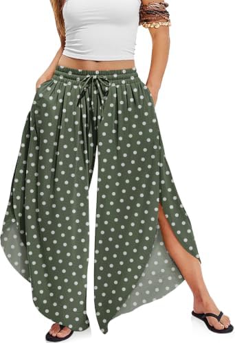 Women's Linen Wide Leg Pants Side Slit Hem Palazzo Cropped