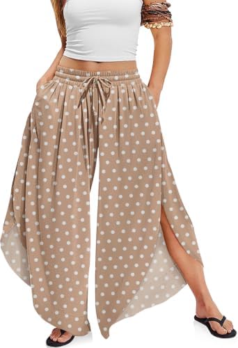 Women's Linen Wide Leg Pants Side Slit Hem Palazzo Cropped