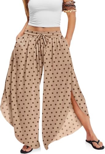 Women's Linen Wide Leg Pants Side Slit Hem Palazzo Cropped