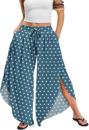 Women's Linen Wide Leg Pants Side Slit Hem Palazzo Cropped