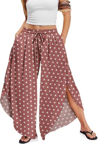 Women's Linen Wide Leg Pants Side Slit Hem Palazzo Cropped