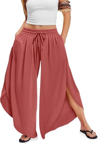 Women's Linen Wide Leg Pants Side Slit Hem Palazzo Cropped Rust Red