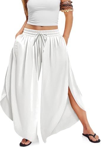 Women's Linen Wide Leg Pants Side Slit Hem Palazzo Cropped White