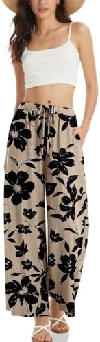 Women's Linen Wide Leg Pants with Pockets Black Floral